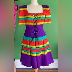 New Vintage 90s Patricia Rhodes silk multicolor striped dress festive couture